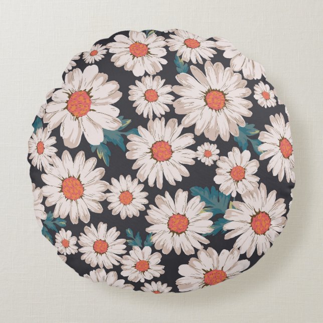 Sömlös Blommar Daisy Flower Mönster Rund Kudde (Framsidan)