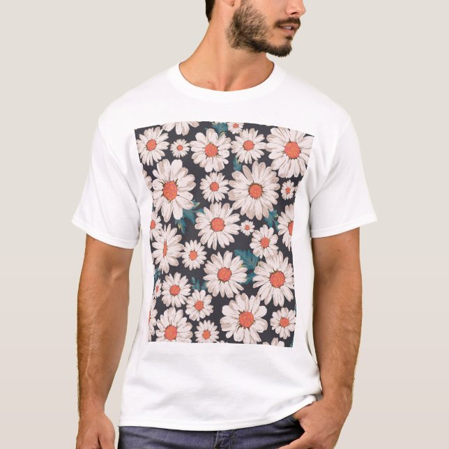 Sömlös Blommar Daisy Flower Mönster T Shirt (Framsida)