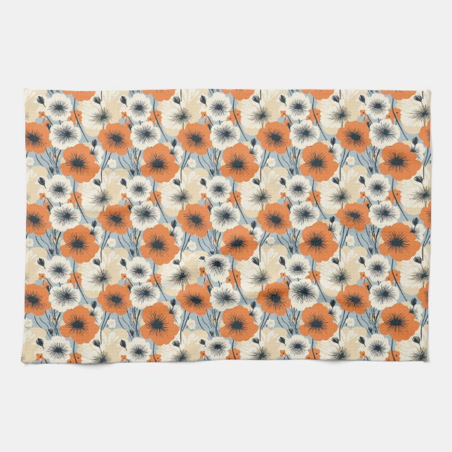 Sömlös Blommigt med Orange, vitt och svart flöde Kökshandduk (Horisontell)