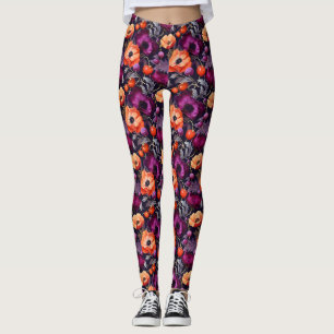 Sömlös Blommigt med rött, Orange, Lila blommor Leggings