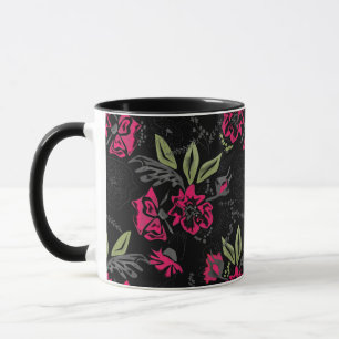 Sömlös blommigt rosa blommor grönt löv skisserade mugg