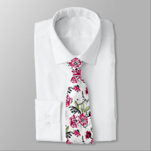 Sömlös blommigt rosa blommor grönt löv skisserade slips