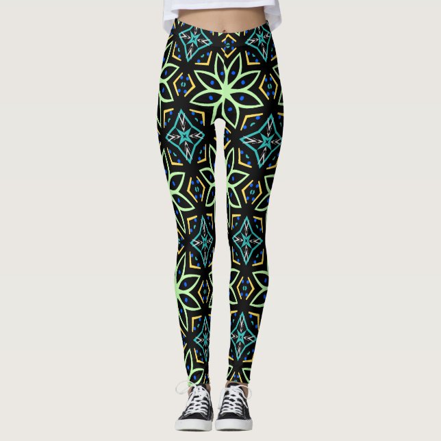 Sömlös Blommigt Symmetrisk Mönster Leggings (Framsida)