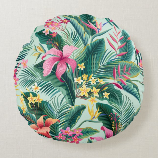 sömlös blommigt tropiska mönster med hibiscus och rund kudde (Framsidan)