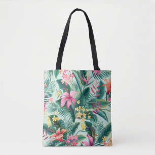 sömlös blommigt tropiska mönster med hibiscus och tygkasse