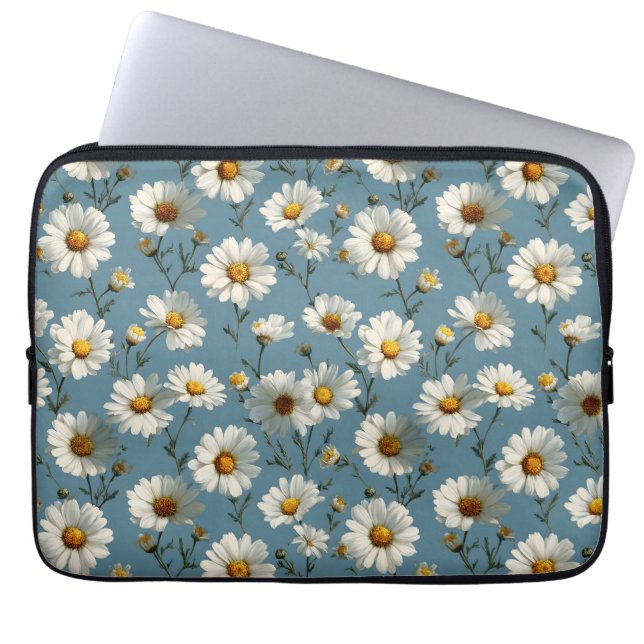 Sömlös Daisy Flower Mönster på Blue Laptop Fodral (Framsidan)