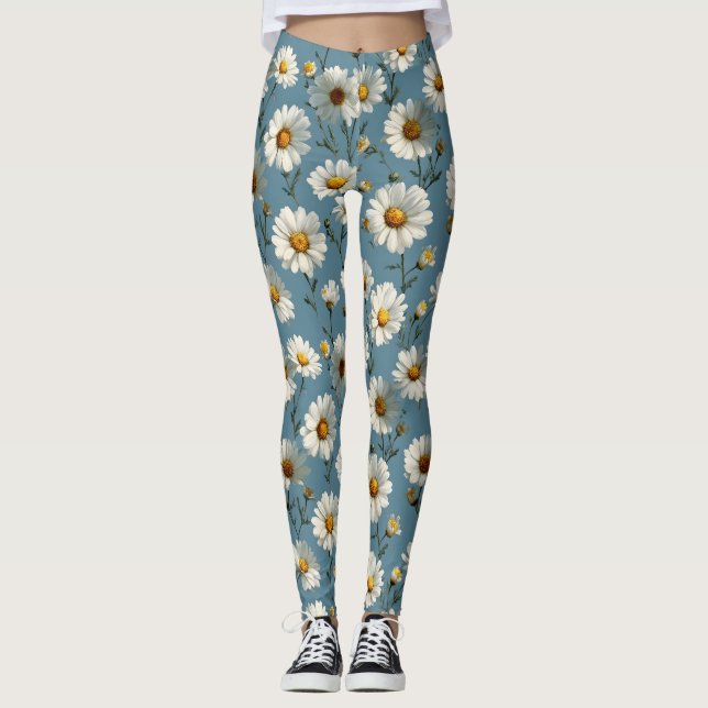 Sömlös Daisy Flower Mönster på Blue Leggings (Framsida)