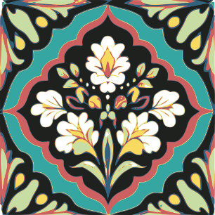 Sömlös dekorativ Blommigt Teal Black Folk Art Kakelplatta