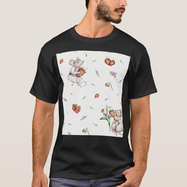 Sömlös digital Mönster-cute-möss med jordgubbe T Shirt (Framsida)