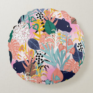 Sömlös djungel mönster med pantrar, färglös rund kudde