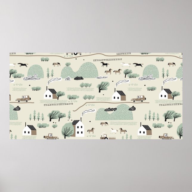 Sömlös, färglös mönster med hus, träd, häst poster (Framsidan)