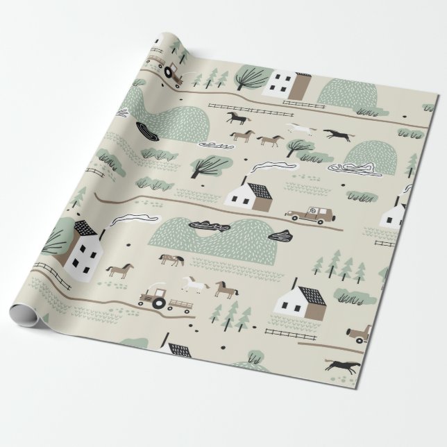 Sömlös, färglös mönster med hus, träd, häst presentpapper (Utrullad)
