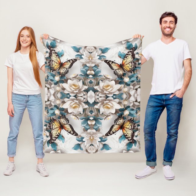 Sömlös fjäril och Elegant Mönster Blommigt Fleecefilt (På plats)