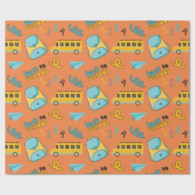 Sömlös förpackning Papper med ryggsäck, Buss i sko Presentpapper (Platt)