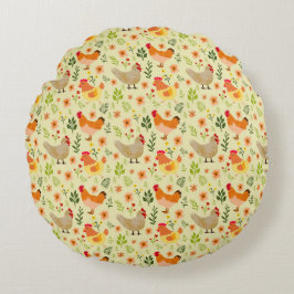 Sömlös gårdskyckling och Blommönster Rund Kudde