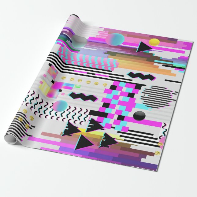 Sömlös Glitch-design i Mönster. Cyberpunk Digital  Presentpapper (Utrullad)