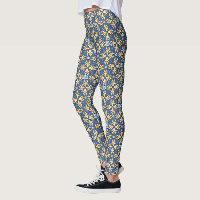 Sömlös guldfärgad mönster med blå ädelstenar 1 leggings (Vänster)