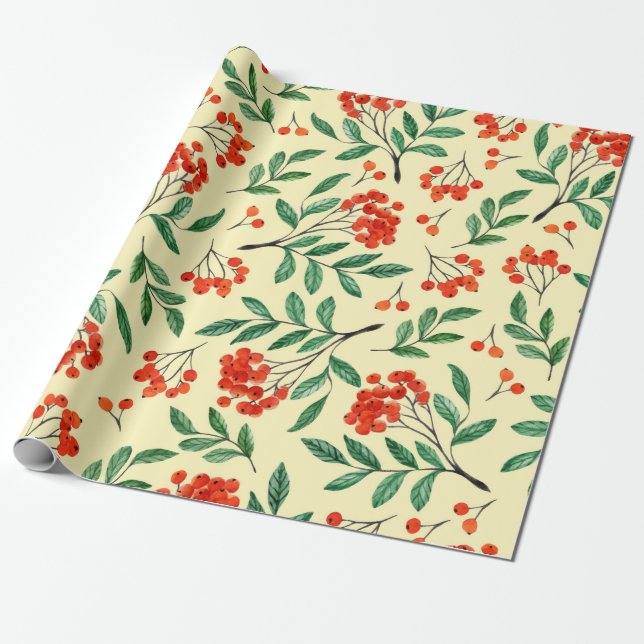 Sömlös gult mönster med rowan. Vattenfärghan Presentpapper (Utrullad)