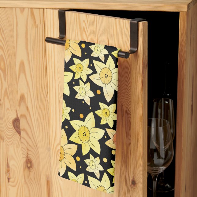 Sömlös Gult Vattenfärg Daffodil & Dots Mönster Kökshandduk (Thirds Fold)