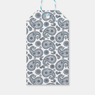 Sömlös indisk mörk blått paisley mönster på vitt presentetikett