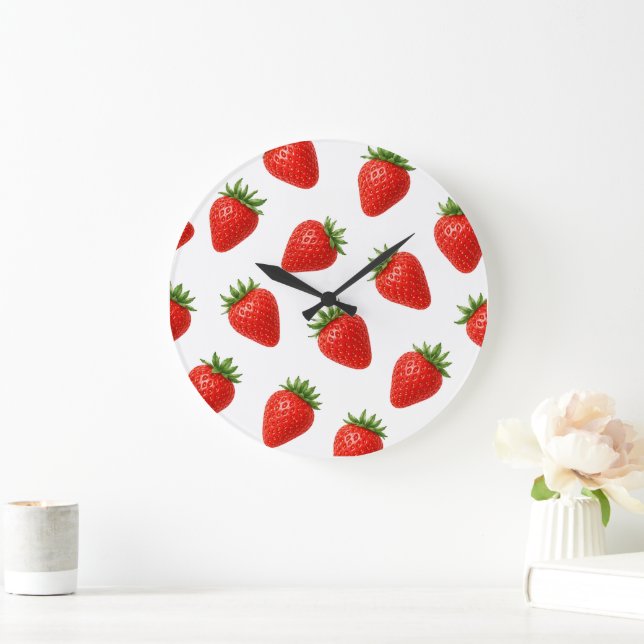 Sömlös jordgubbdesign Cute röda frukter  Stor Klocka (Hem)