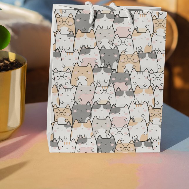 Sömlös Kawaii Cute Cats Mönster (Seamless Kawaii Cute Cats Pattern Medium Gift Bag)