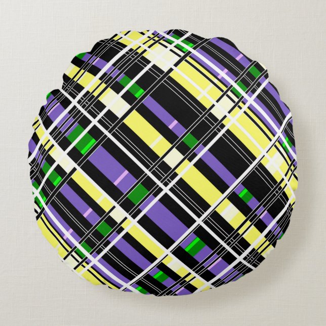 Sömlös kontrollerad plaid abstrakt kvadratgeometri rund kudde (Framsidan)