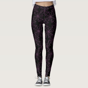 Sömlös lila folie och svarta spindelnät Halloween Leggings