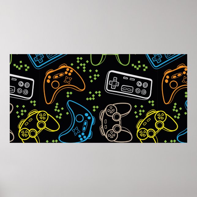 Sömlös, ljus mönster med joysticks. Spelcoo Poster (Framsidan)