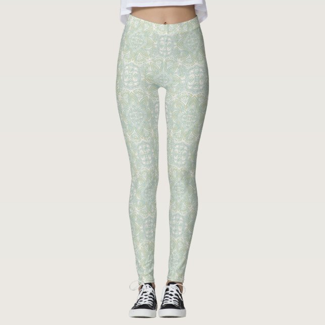 Sömlös Ljust grönt, Gult och vita mandalas Leggings (Framsida)