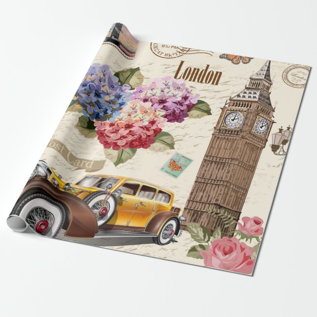 Sömlös London-vintagens bakgrund med retrobil. Presentpapper (Utrullad)