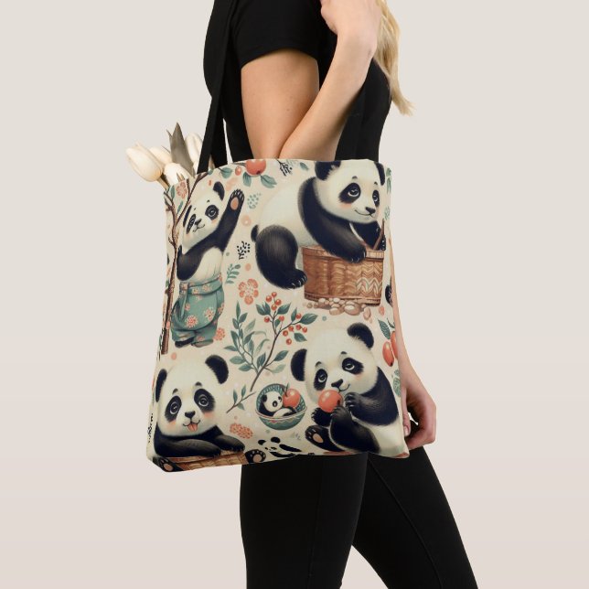 Sömlös målning av Cute Vintage Panda Tygkasse (Närbild)