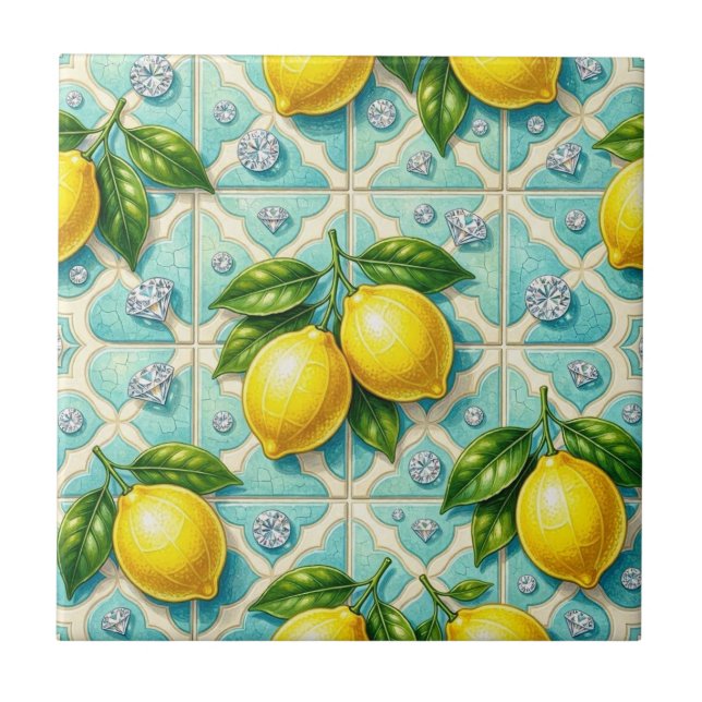 Sömlös mönster Art Deco Citroner och Diamanter Kakelplatta (Framsidan)