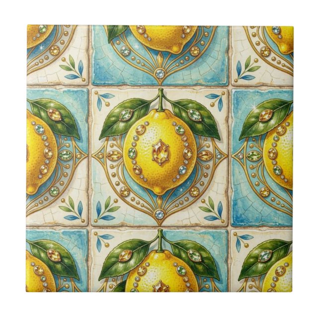 Sömlös mönster Art Deco Citroner och Diamanter Kakelplatta (Framsidan)