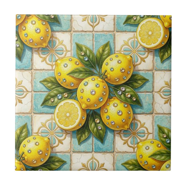 Sömlös mönster Art Deco Citroner och Diamanter Kakelplatta (Framsidan)