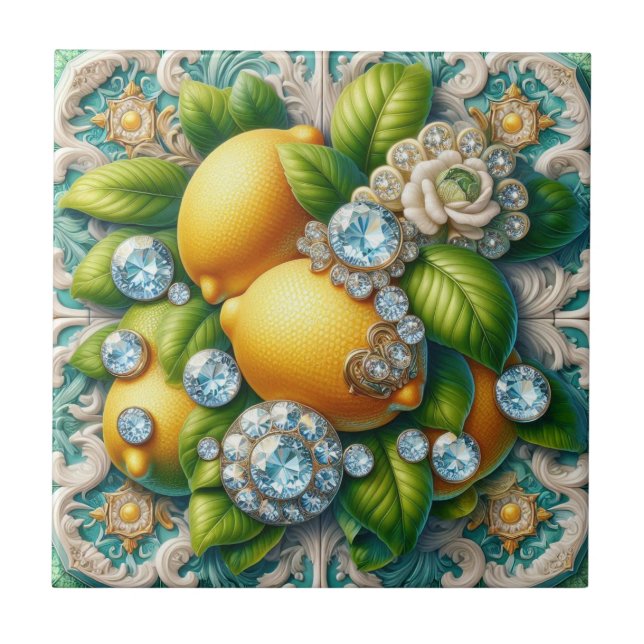 Sömlös mönster Art Deco Citroner och Diamanter Kakelplatta (Framsidan)