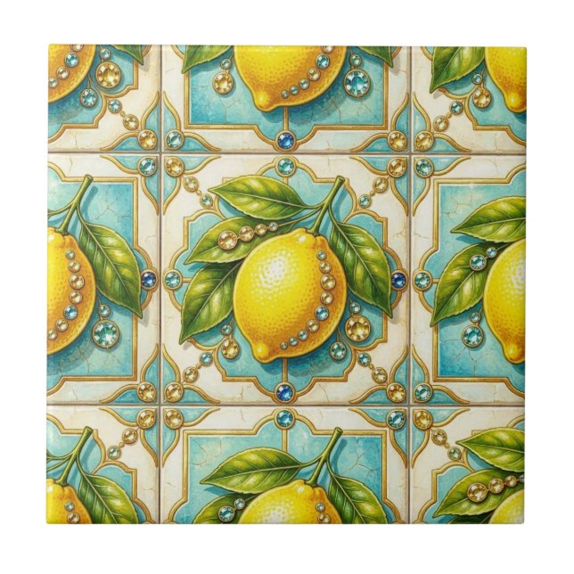Sömlös mönster Art Deco Citroner och Diamanter Kakelplatta (Framsidan)