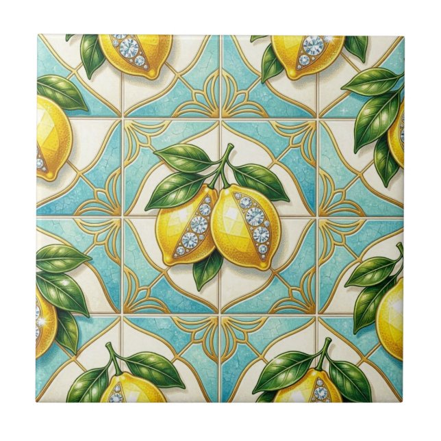 Sömlös mönster Art Deco Citroner och Diamanter Kakelplatta (Framsidan)