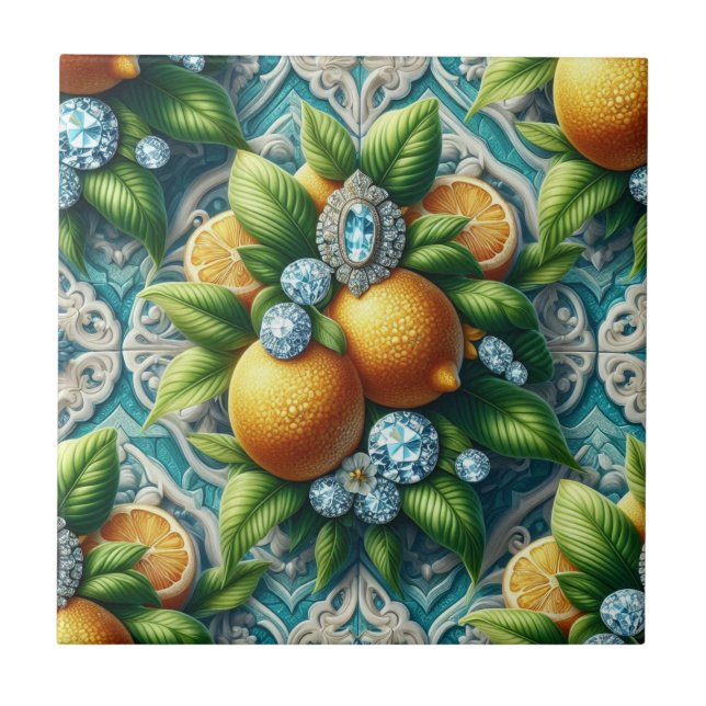 Sömlös mönster Art Deco Citroner och Diamanter Kakelplatta (Framsidan)
