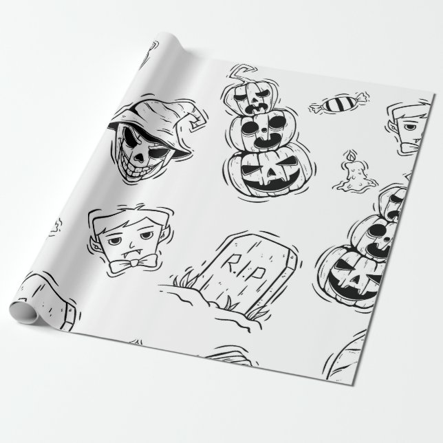 Sömlös mönster av halloween-ikoner med handritning presentpapper (Utrullad)