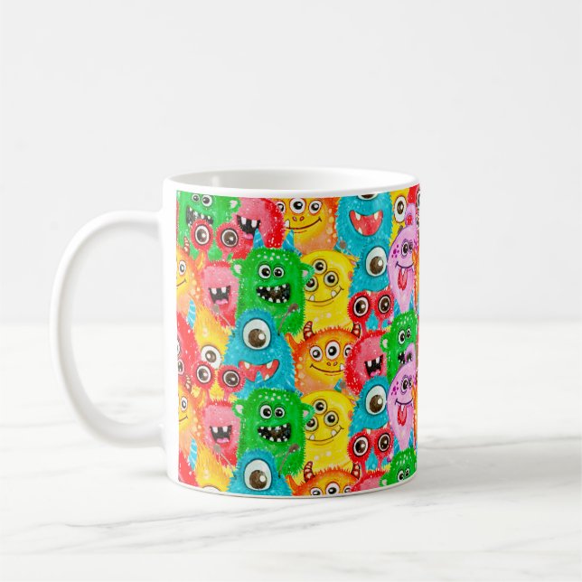 Sömlös mönster av vattenfärgade lustiga monster kaffemugg (Vänster)