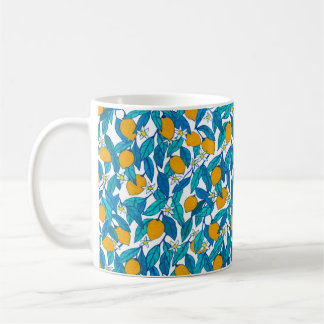 Sömlös mönster. Blodcitron. Blommor neroli. Kaffemugg