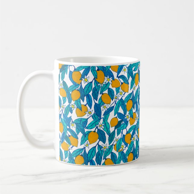 Sömlös mönster. Blodcitron. Blommor neroli.  Kaffemugg (Vänster)