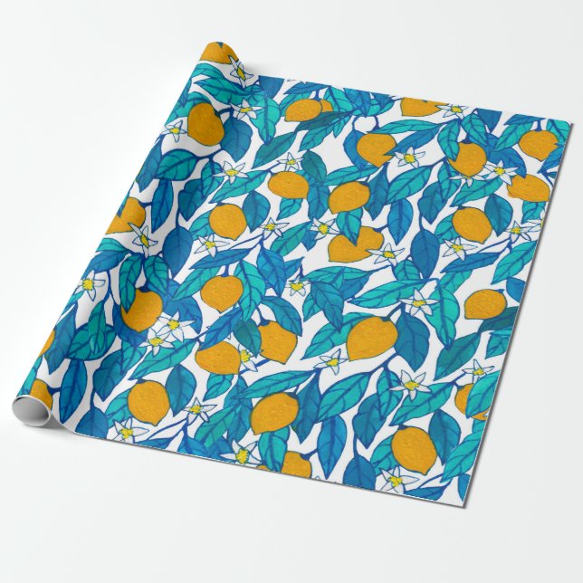 Sömlös mönster. Blodcitron. Blommor neroli.  Presentpapper (Utrullad)