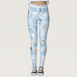 Sömlös Mönster Cute Kawaii Cats clouds kite Leggings