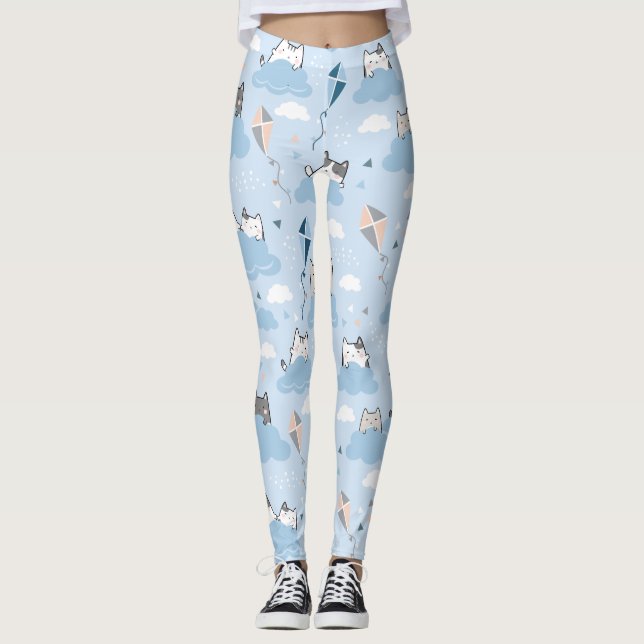 Sömlös Mönster Cute Kawaii Cats clouds kite Leggings (Framsida)