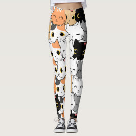 Sömlös Mönster Cute Kawaii Cats hjärtledning Leggings
