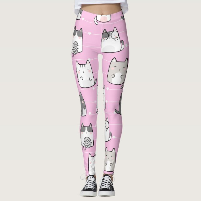 Sömlös Mönster Cute Kawaii Cats hjärtledning Leggings (Framsida)