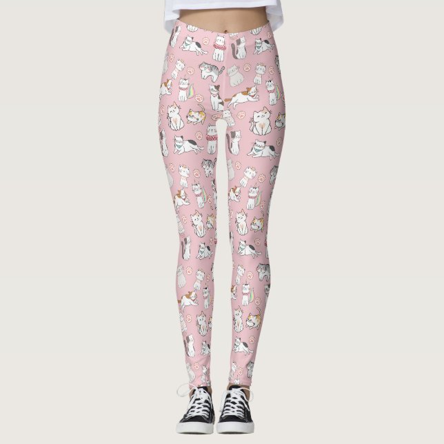 Sömlös Mönster Cute Tecknad Kawaii Cats Leggings (Framsida)