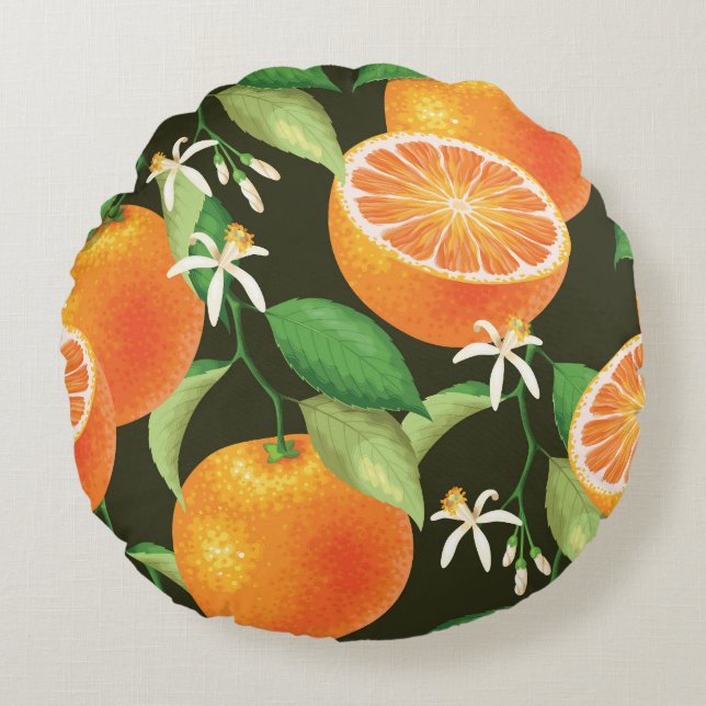 Sömlös Mönster-design med kraftig Orange Rund Kudde (Framsidan)